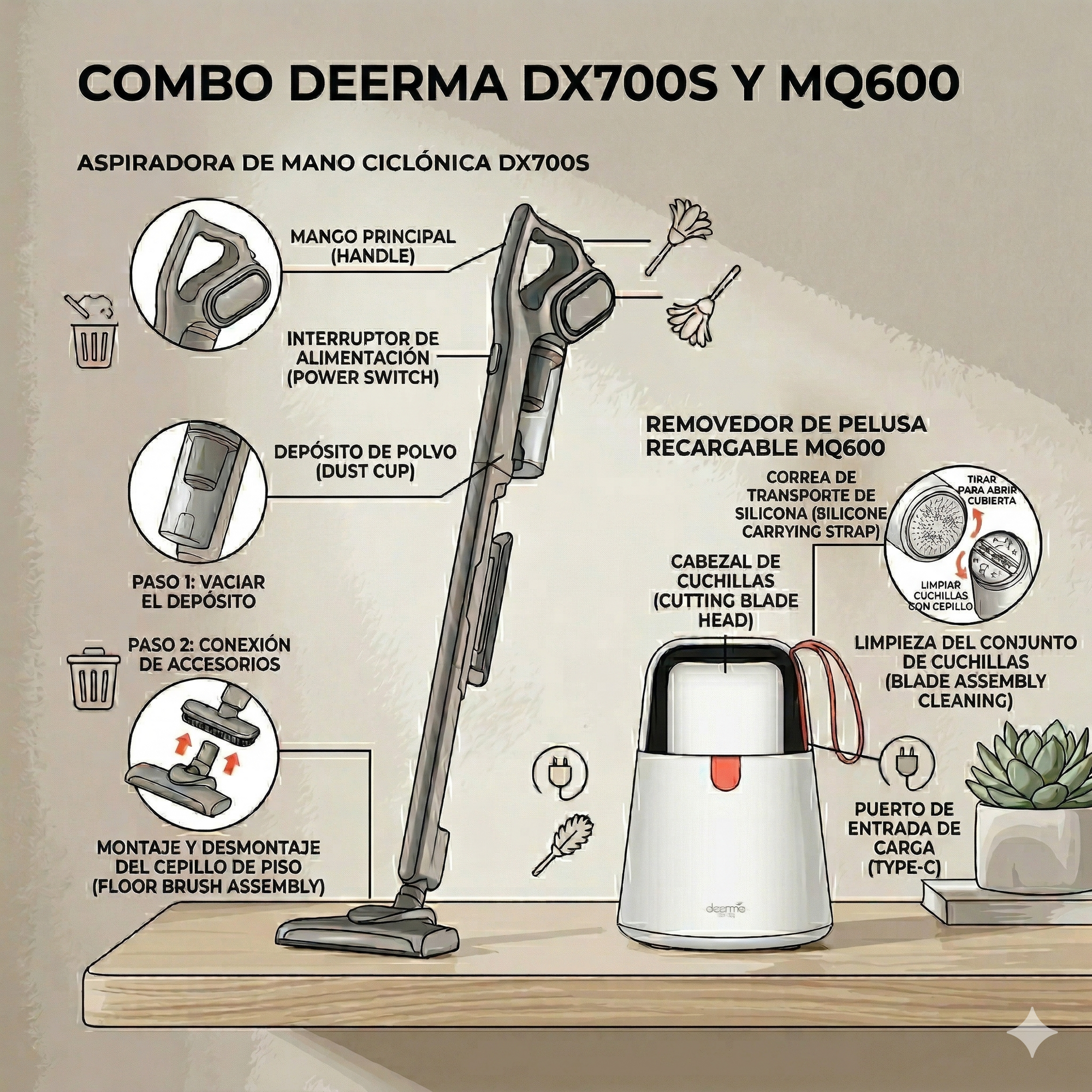 Combo: Aspiradora multifuncional Pro Negra DX700S + Removedor de Pelusa Portátil Inalámbrico MQ600